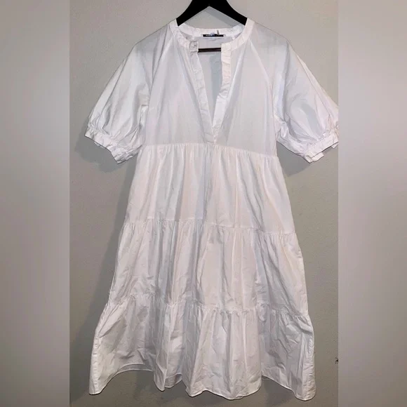 English Factory 100% cotton midi white tiered dress with puff sleeves and pocket - Picture 3 of 6